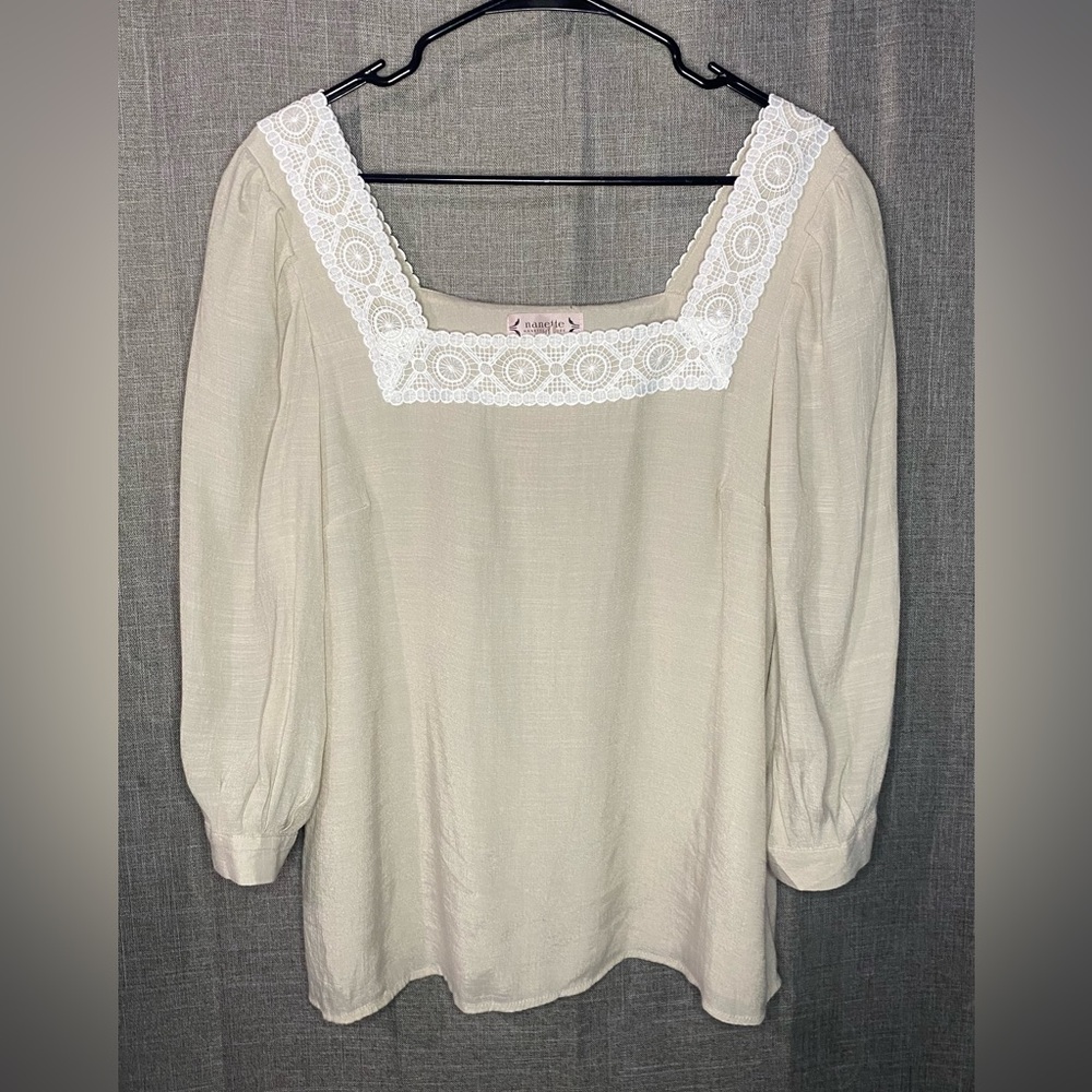 Nanette Lepore Peasant  Tan Top Square Neck Embroider Ribbon Neck Size Large